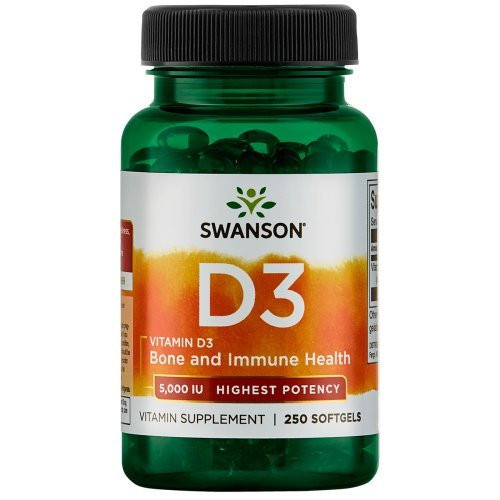 SWANSON Vitamin D3 Highest Potency 125 mcg (5,000 IU) Food Supplement 250 kapsulių