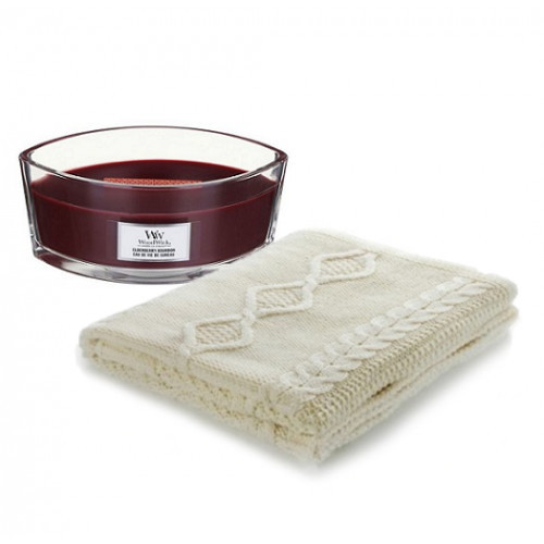KlipShop Diamond Aran Blanket and Woodwick Candle Set in a Gift Box Elderberry Bourbon