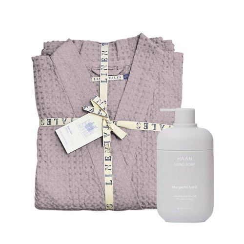 KlipShop Linen Tales Powder Linen & Cotton Honeycomb Waffle Bathrobe + HAAN Hand Soap S-M